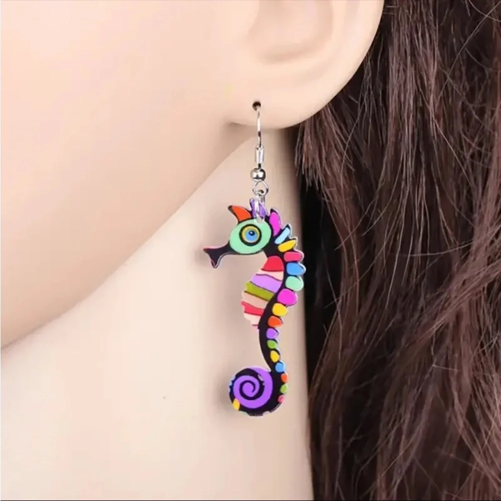 Cute Colorful Seahorse Design Dangle Earrings Bohemian Ocean Style‎ Acrylic